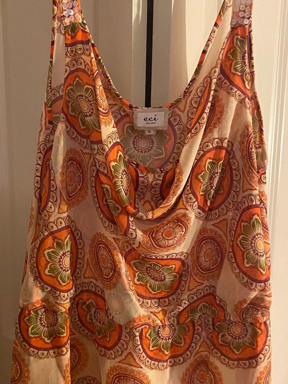 ECI Beige Printed Cowl Neck Camisole with Orange and Green Medallions